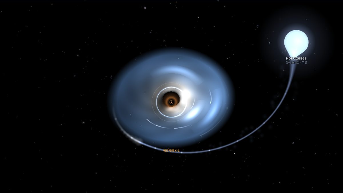 Cygnus X-1 shown close up in the NowSky 3D space map, an accretion disc pulling gas from the blue supergiant HDE 226868