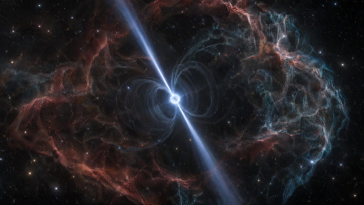Illustration of a spinning neutron star sending twin beams from its magnetic poles inside a supernova remnant
