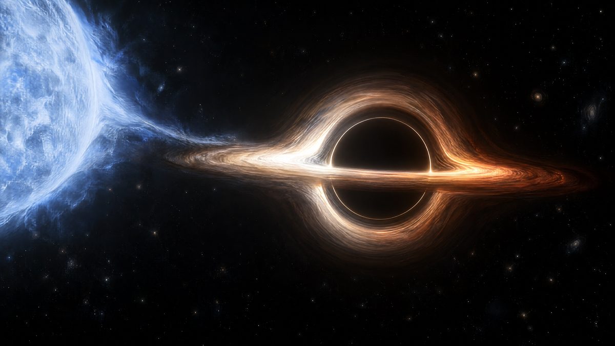 Illustration of a black hole wrapped in an accretion disc, pulling gas from a blue supergiant companion