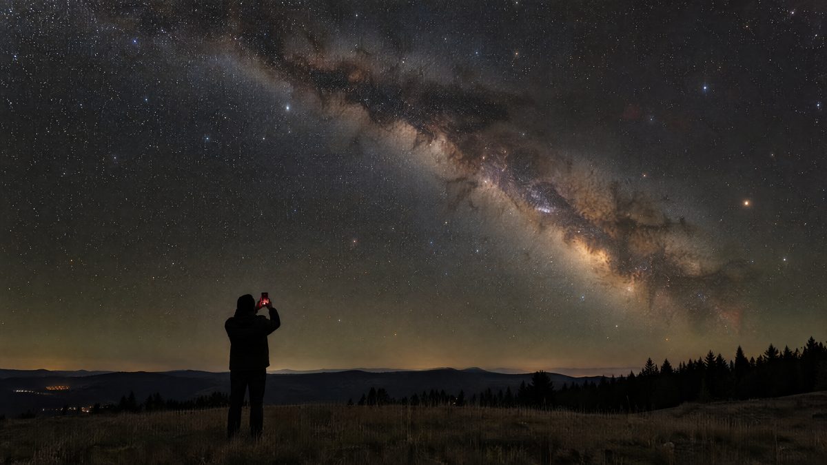Illustration of a person seen from behind on a dark hillside, holding up a smartphone to find constellations under the Milky Way