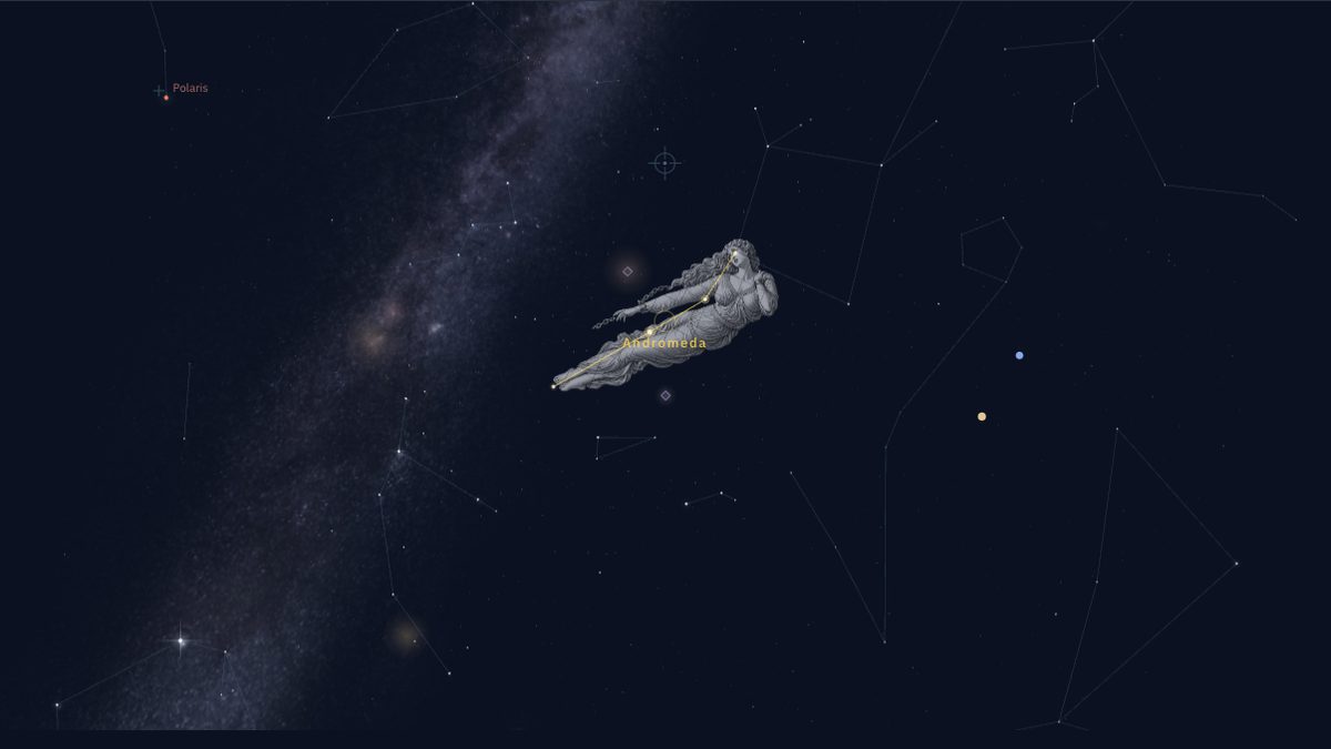 The NowSky sky view with the constellation Andromeda selected, showing the Great Square of Pegasus, Cassiopeia and the position of the Andromeda Galaxy