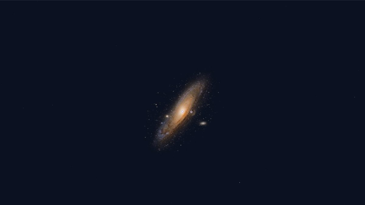 The NowSky sky view zoomed in on the Andromeda Galaxy, showing its elongated shape and bright core