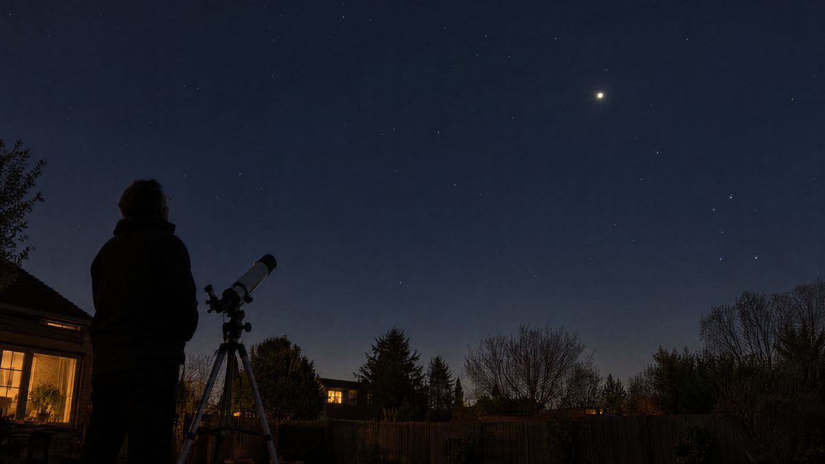 Illustration of an observer beside a small telescope looking up at bright Jupiter in the night sky