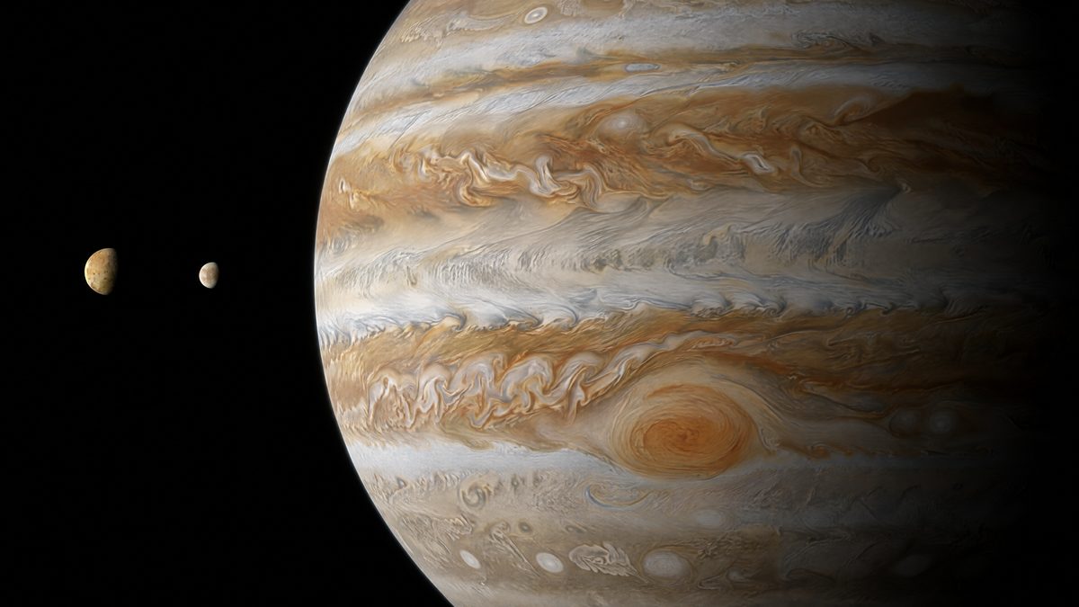 Illustration of Jupiter with its banded clouds and the Great Red Spot, with two of its moons nearby