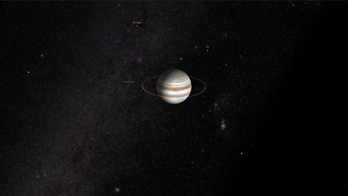 The NowSky orbit view showing Jupiter's moon system almost edge-on, with the moons lined up on either side of the planet
