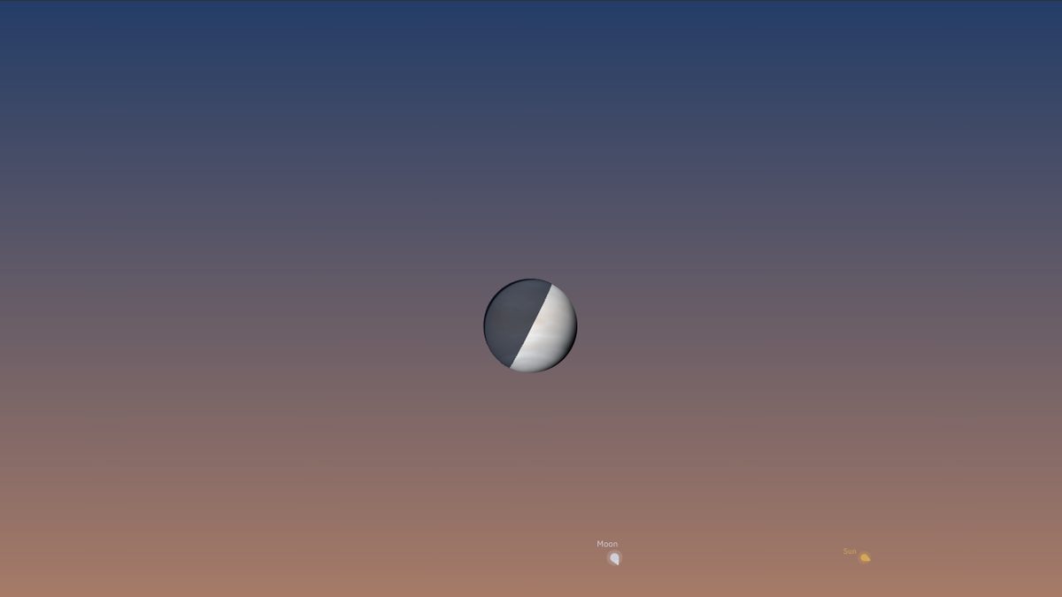 NowSky sky view zoomed in on Venus, showing a half-lit phase near greatest elongation