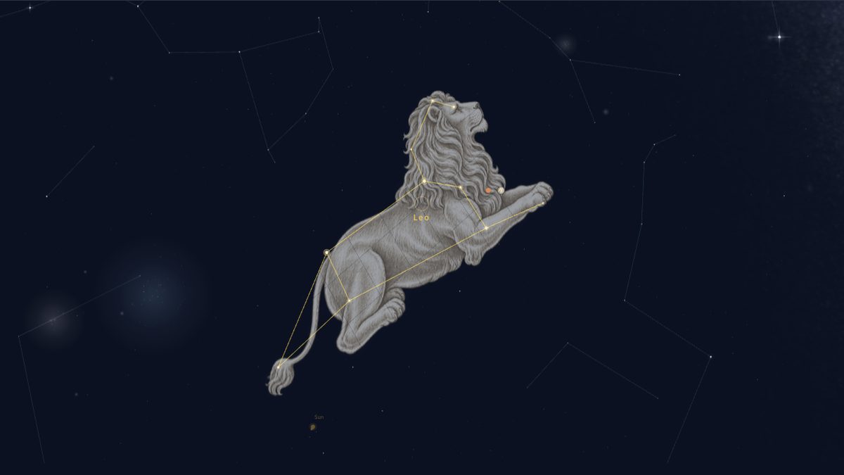 The NowSky sky view with Leo selected, showing the constellation artwork high in the southeastern pre-dawn sky