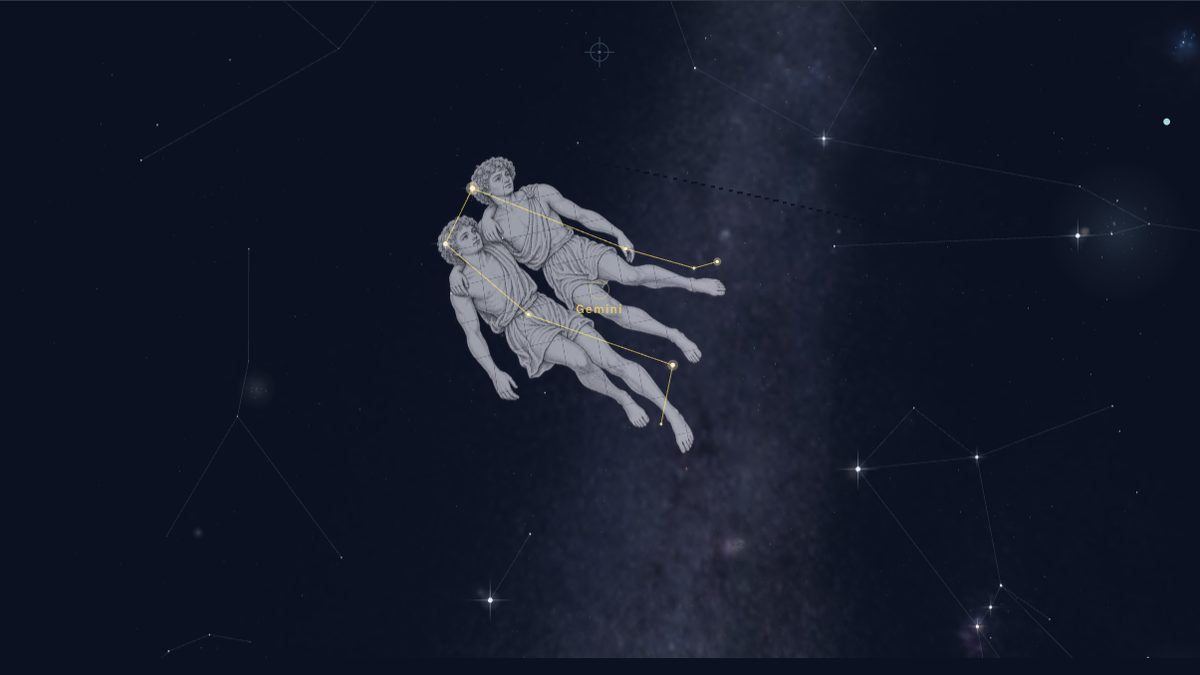 The NowSky sky view with Gemini selected, showing the constellation artwork high in the sky in the early morning