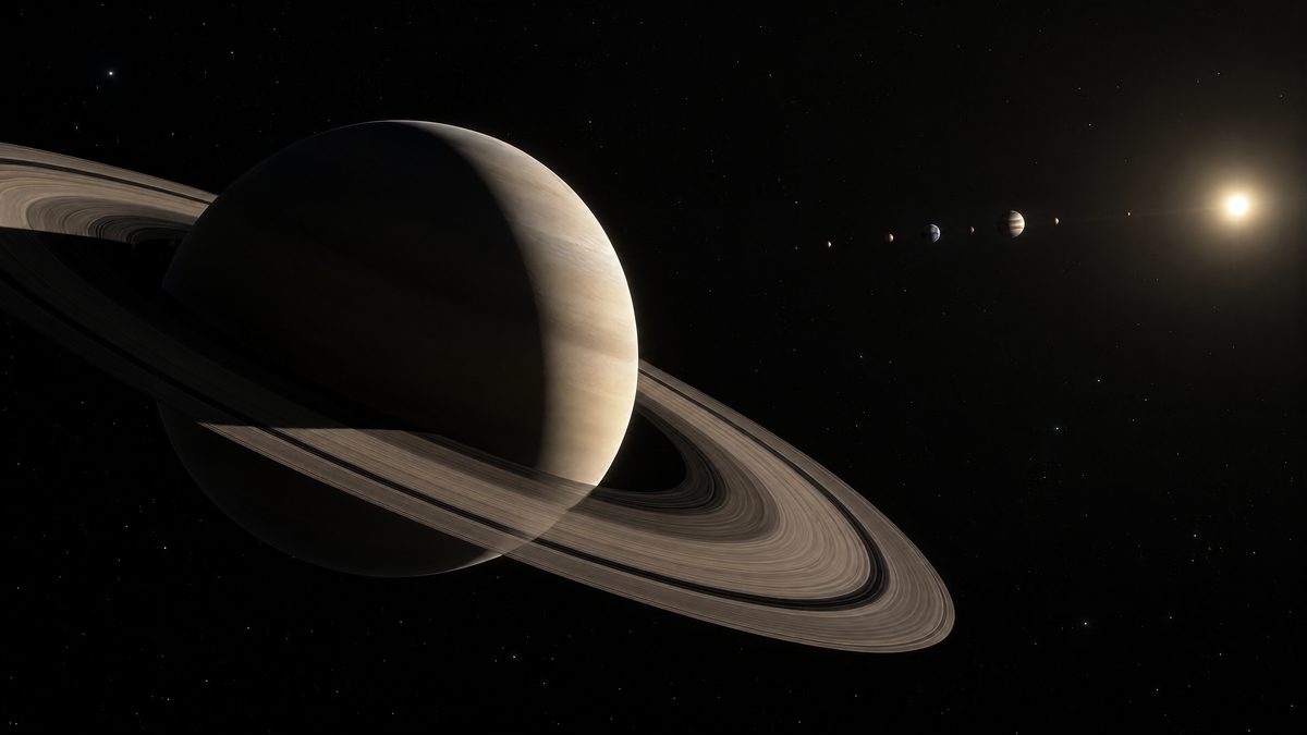 Illustration of a tilted, ringed Saturn in the foreground with the distant Sun and planets strung out in a line beyond it