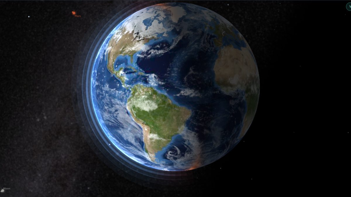 The NowSky orbit view following Earth up close, with clouds and atmosphere visible on the globe