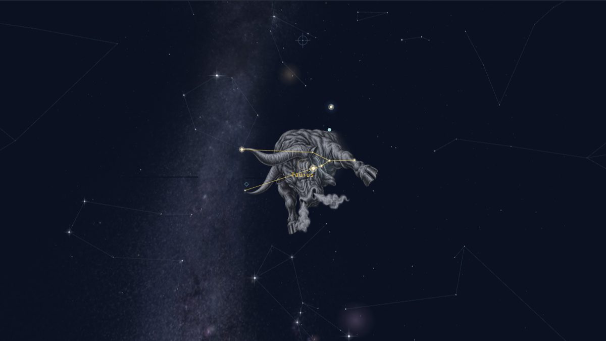 The NowSky sky view showing the Taurus constellation art with Orion, Aldebaran and the Pleiades star cluster