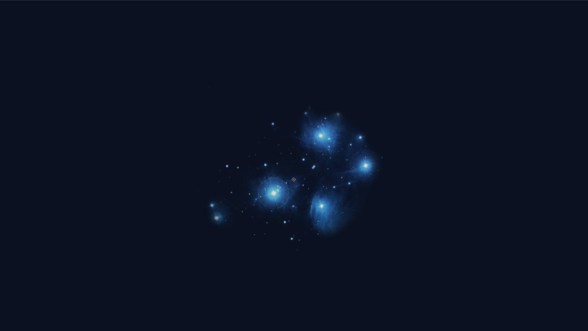 The NowSky sky view zoomed in on the Pleiades star cluster, with its bright stars forming a small dipper