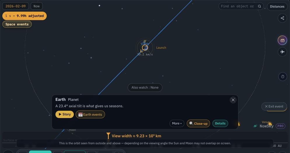 NowSky simulator view — Artemis II — crewed lunar flyby