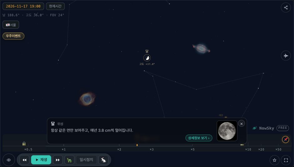 NowSky 시뮬레이터 화면 — 별자리뷰에서 달을 고른 화면(2026년 11월 17일 19시). 달은 그 시각의 실제 위상으로 그려지고, 카드에 설명이 나온다.