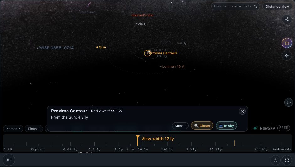 NowSky simulator view — The 3D star map showing the nearest star, Proxima Centauri, at its real distance of 4.2 light-years.