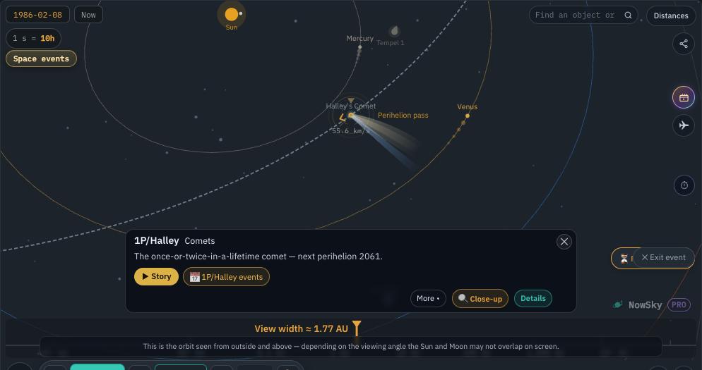 NowSky simulator view — Halley's Comet perihelion (1986)