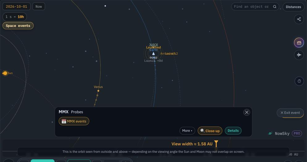 NowSky simulator view — MMX launch — Martian moon sample return