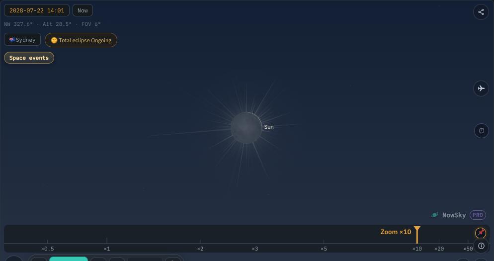 NowSky simulator view — Total solar eclipse — across Sydney